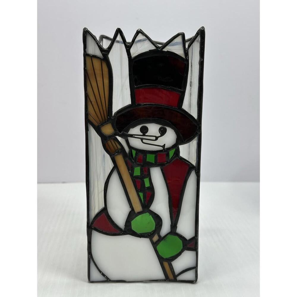 Vintage Iridescent Stained Glass Candle Holder Snowman Shade 8.25” Holiday Decor